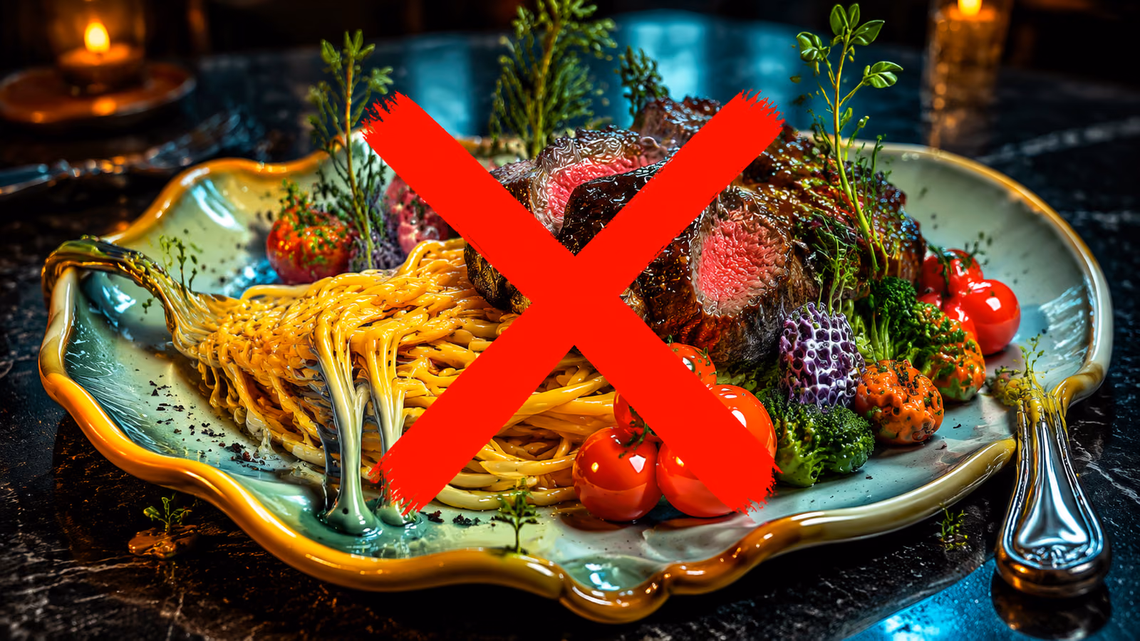 Imagen de comida generada con IA tachada en rojo: un plato que nunca existió, inadecuado para la carta de un restaurante real