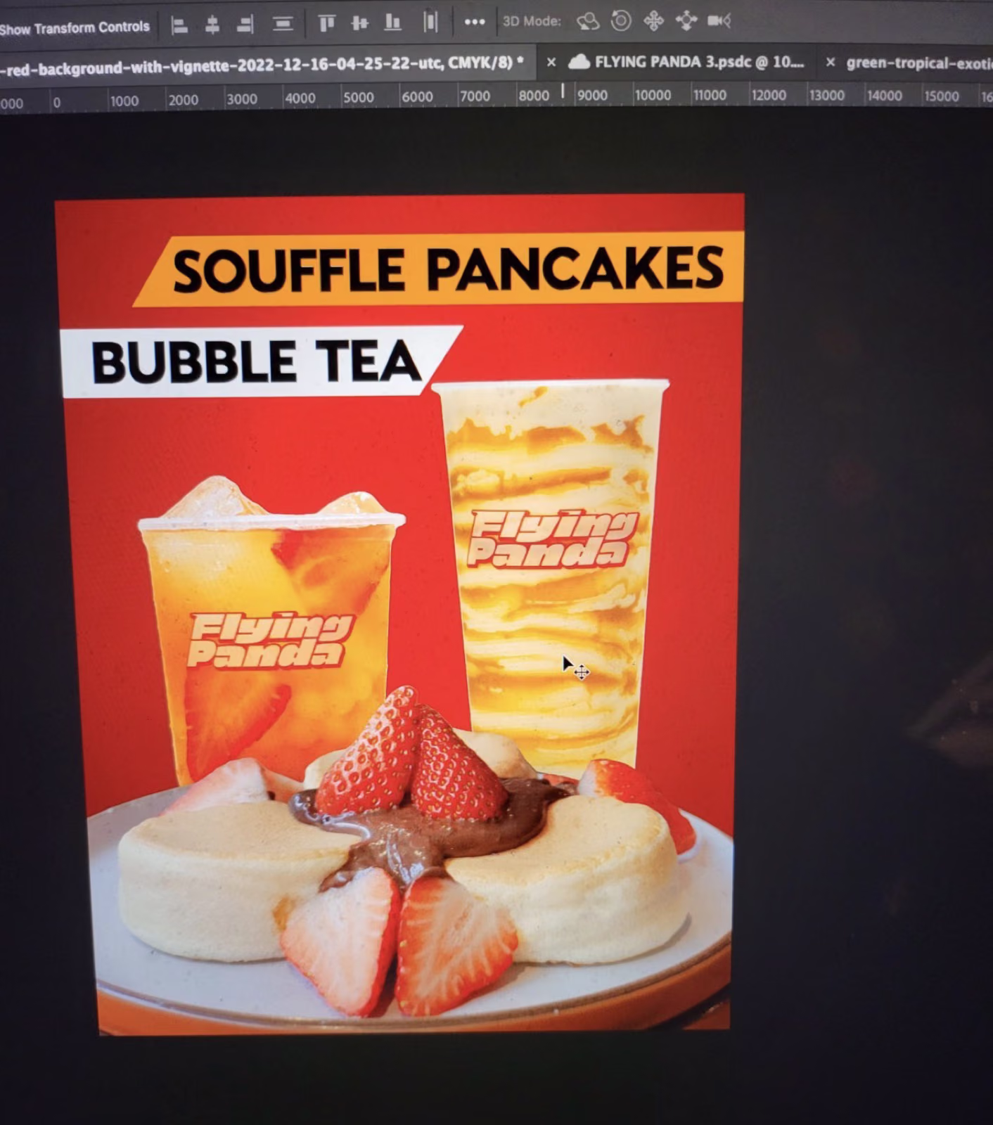 Cartel de Flying Panda con tortitas soufflé y bubble tea en una cabina de teléfono, fotografía y diseño de Gorka Di Capitan