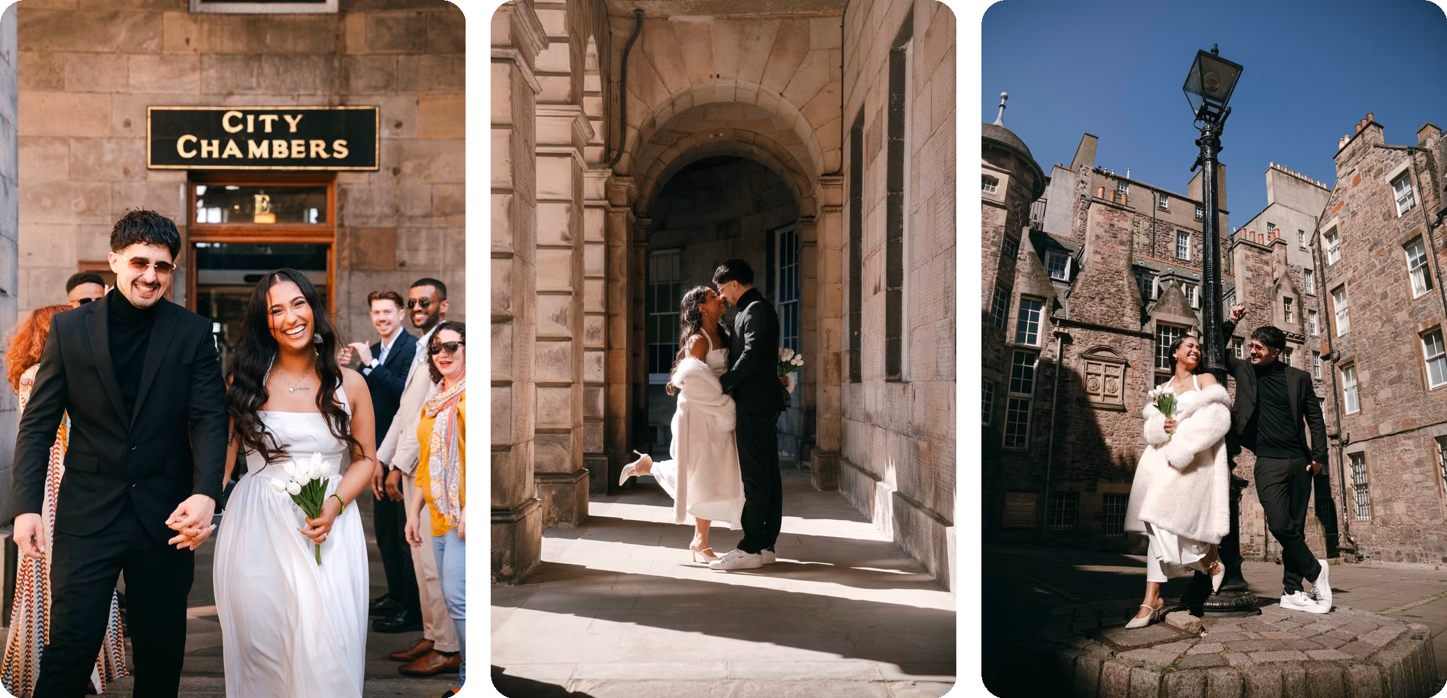 Tres momentos de mi propia boda en los City Chambers de Edimburgo, fotografiados por Vasileios Vasakos