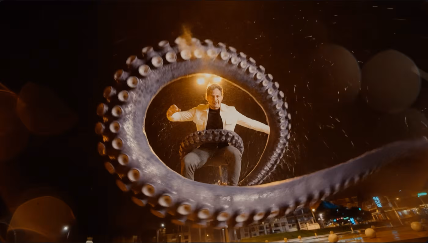 El Killo iluminado entre los tentáculos de un pulpo gigante en 3D en el videoclip Geriátrico, producido por Gorka Di Capitan