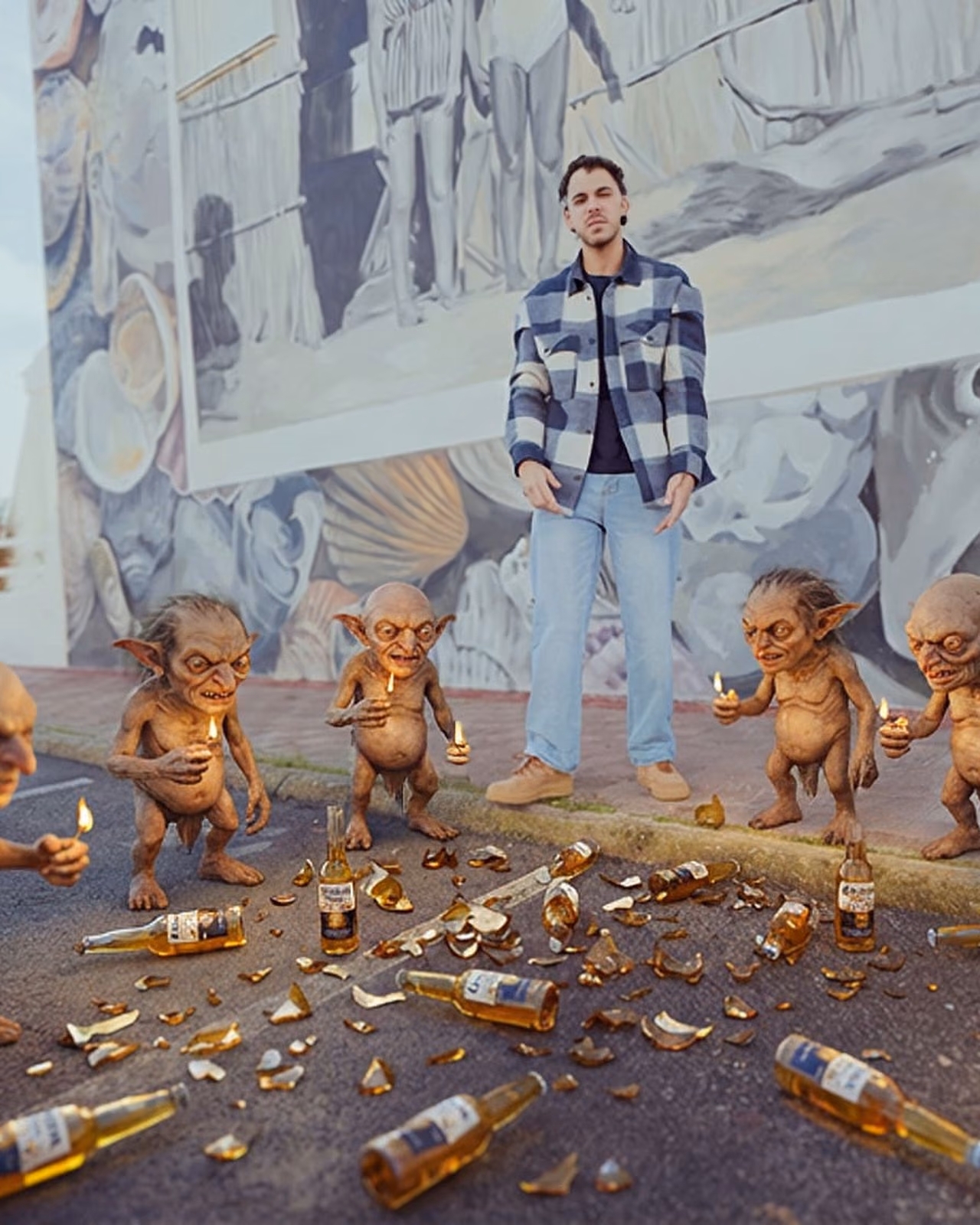 Fotograma del videoclip Los Duendes de El Killo con duendes CGI en una calle de Matalascañas, producido por Gorka Di Capitan