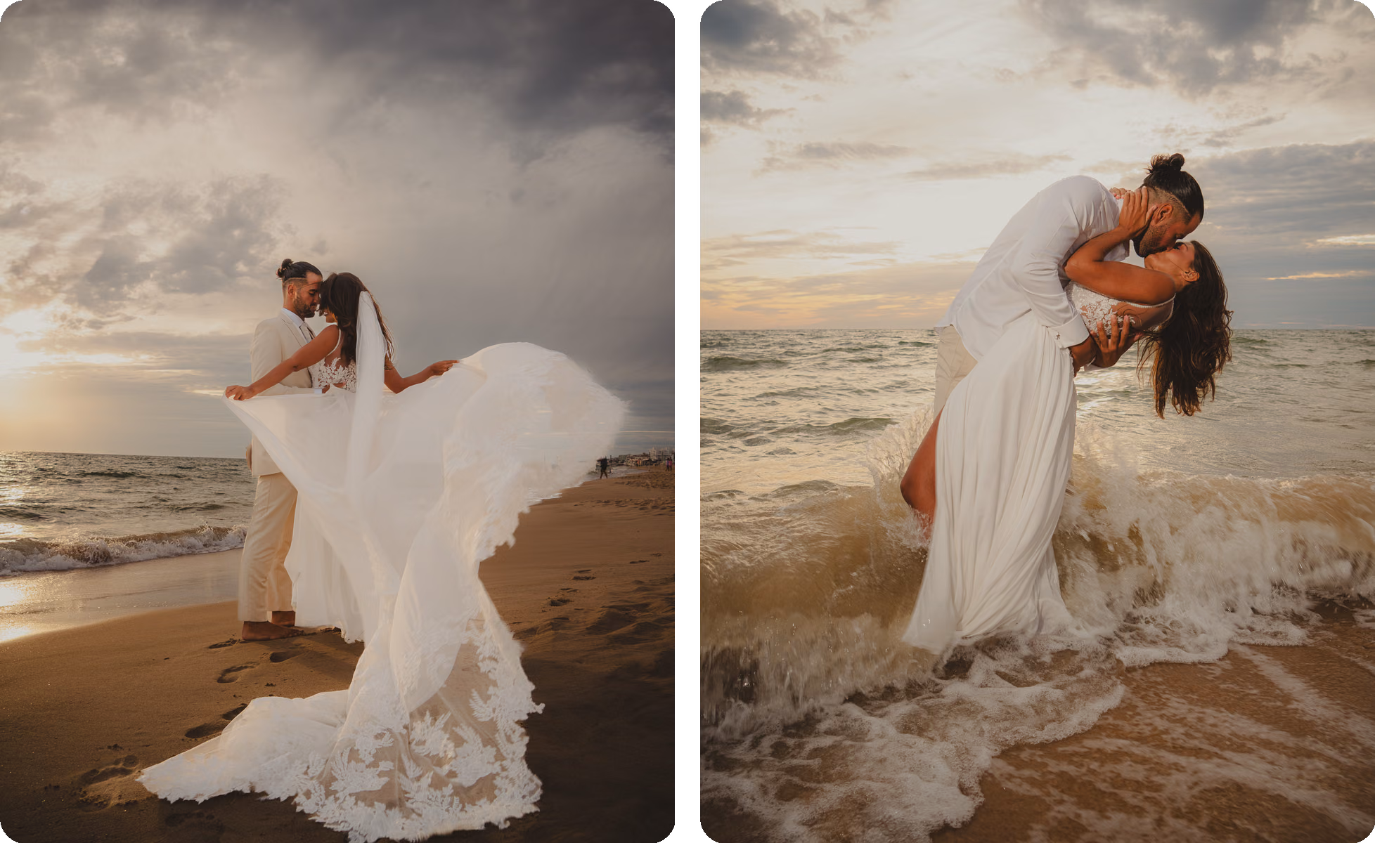 Dos momentos de la boda de Rocío y Sergio: el velo al viento en la orilla y un beso entre las olas al atardecer