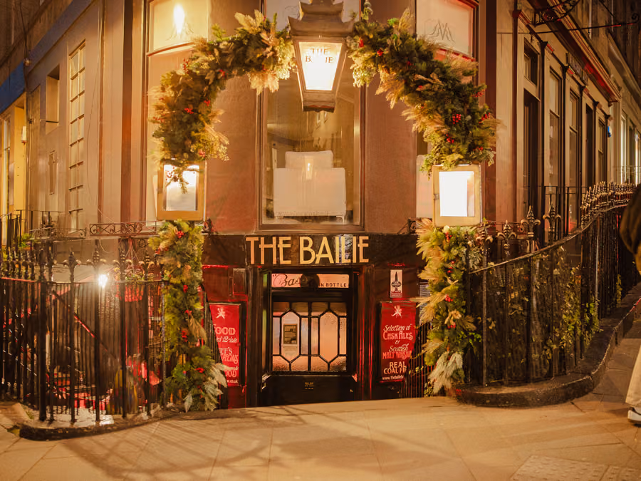 The Bailie Bar exterior at night, Stockbridge