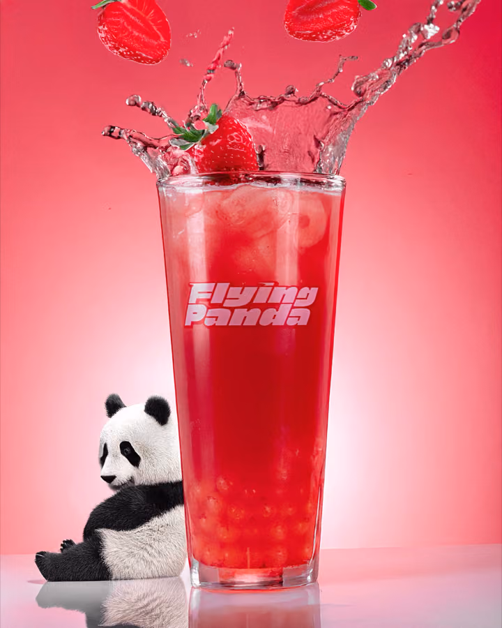 Strawberry bubble tea splash with a panda figurine for Flying Panda, Edinburgh