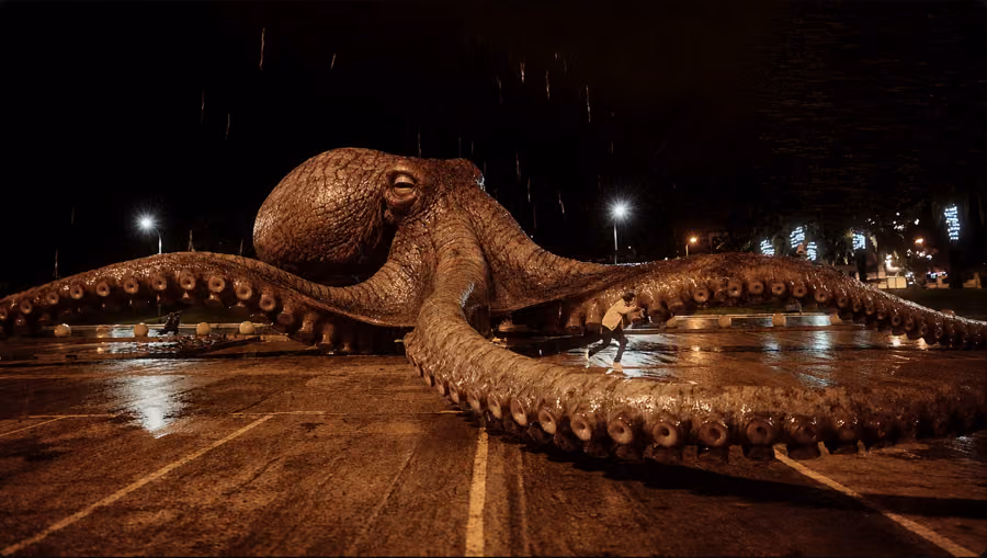 Giant CGI octopus crawling across a rain-soaked promenade in the Geriatrico music video