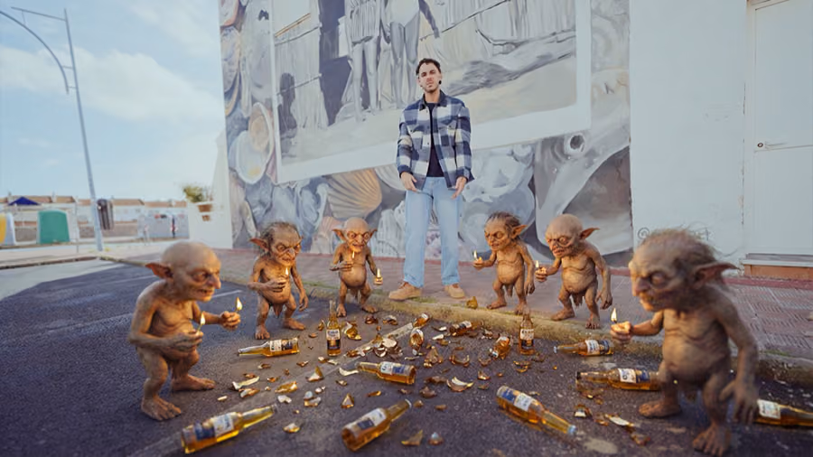 CGI goblin creatures gathered around a man on a street in Matalascañas for EL KILLO's Los Duendes music video