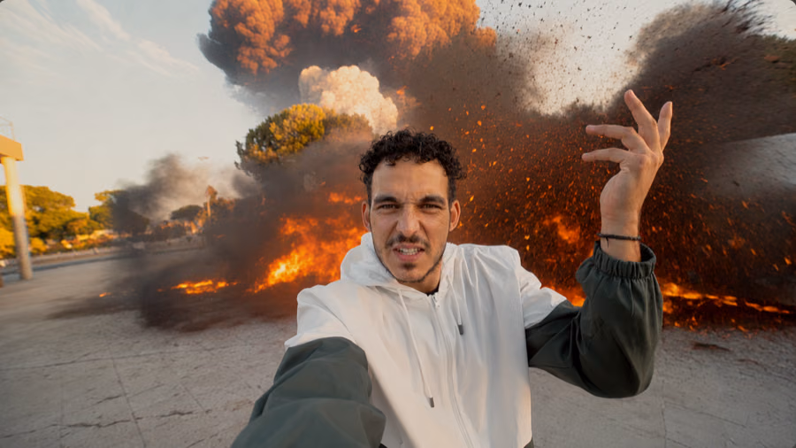 EL KILLO taking a selfie as an explosion erupts behind the promenade in the Notre Dame music video