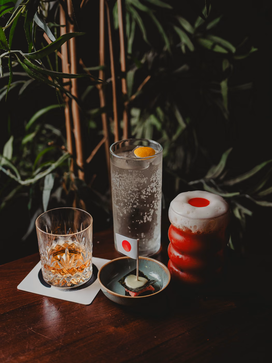The three Kaizen menu serves at Panda & Sons, Edinburgh: the Canvas Hibiki serve, the A-ka Shun and the Toki highball